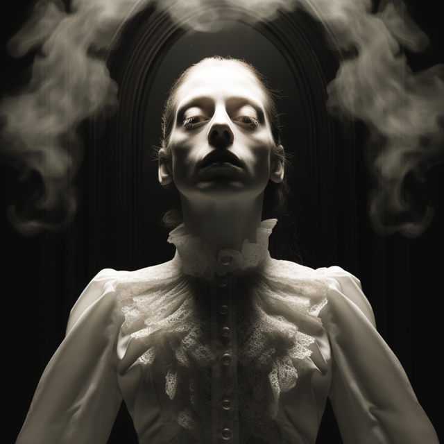 ambrotype image of thin ghostly pale woman with smoky ectoplasmic arc above her head