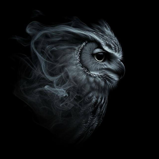 luminous owl profile against a black background